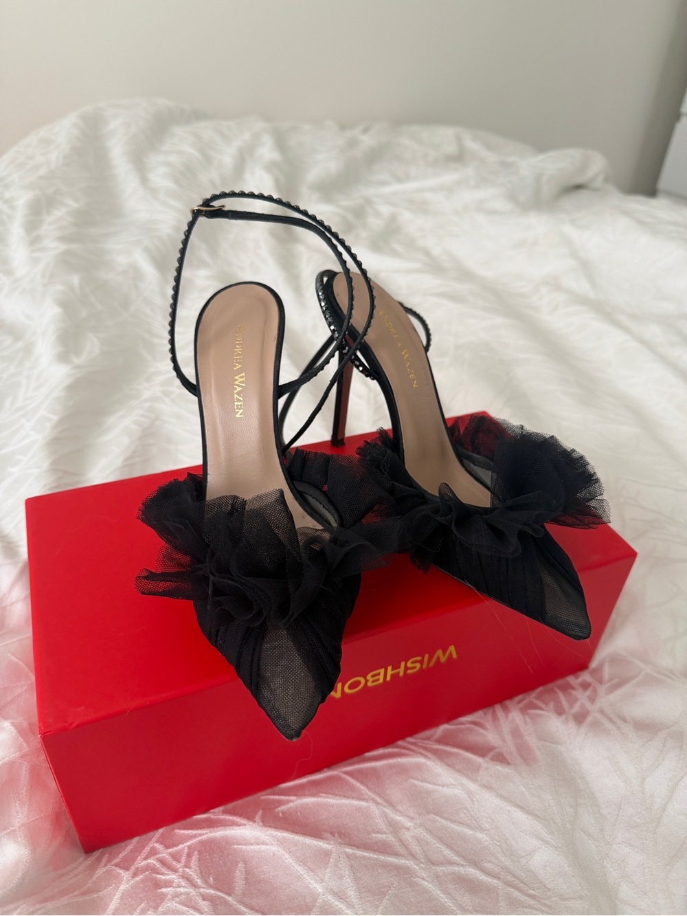 Andrea Wazen Black Vintage Tulle Pumps with Swarovski Crystals Size 35